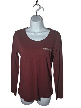 Calvin Klein Womens Burgundy Logo Long Sleeve Shirt Size M Cotton Blend